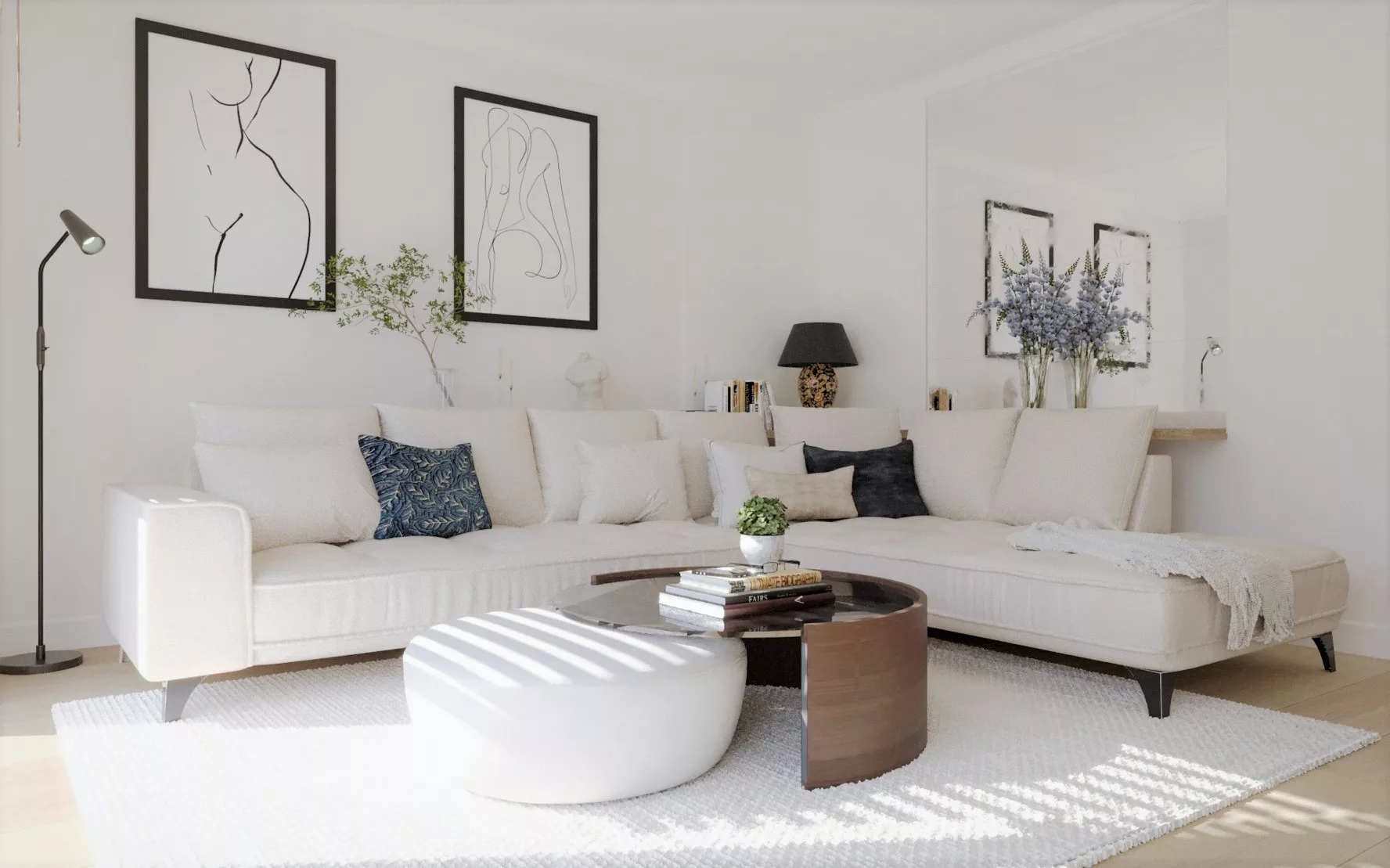 Projekt domu - jasny salon. Na wizualizacji znajduje się kanapa oraz stolik kawowy. Na podłodze leży puchaty, biały dywan. Pomieszczenie jest jasne, królują odcienie beżu i bieli. Nad sofą wiszą dwa ogromne linearne obrazy w czarnych ramkach. Za sofą wisi lustro, które dodaje pomieszczeniu głębi. Projekt wykonała Adrianna Stawska - architekt wnętrz.