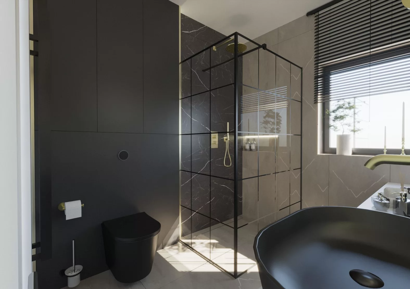 Wizualizacja łzaienki wykonana przez Adirannę Stawską projektantkę wnętrz. łazienka jest zaprojektowana w bardzo ciemnych kolorach. Jest mała. Na pierwszym planie znajduje się umywalka, która jest ciemna. Dalej jest oszklony prysznic ze złotymi dodatkami. Obok niej jest czarna miska ustępowa typu geberit. Mimo tego, że jest ciemna,to wygląda elegancko.