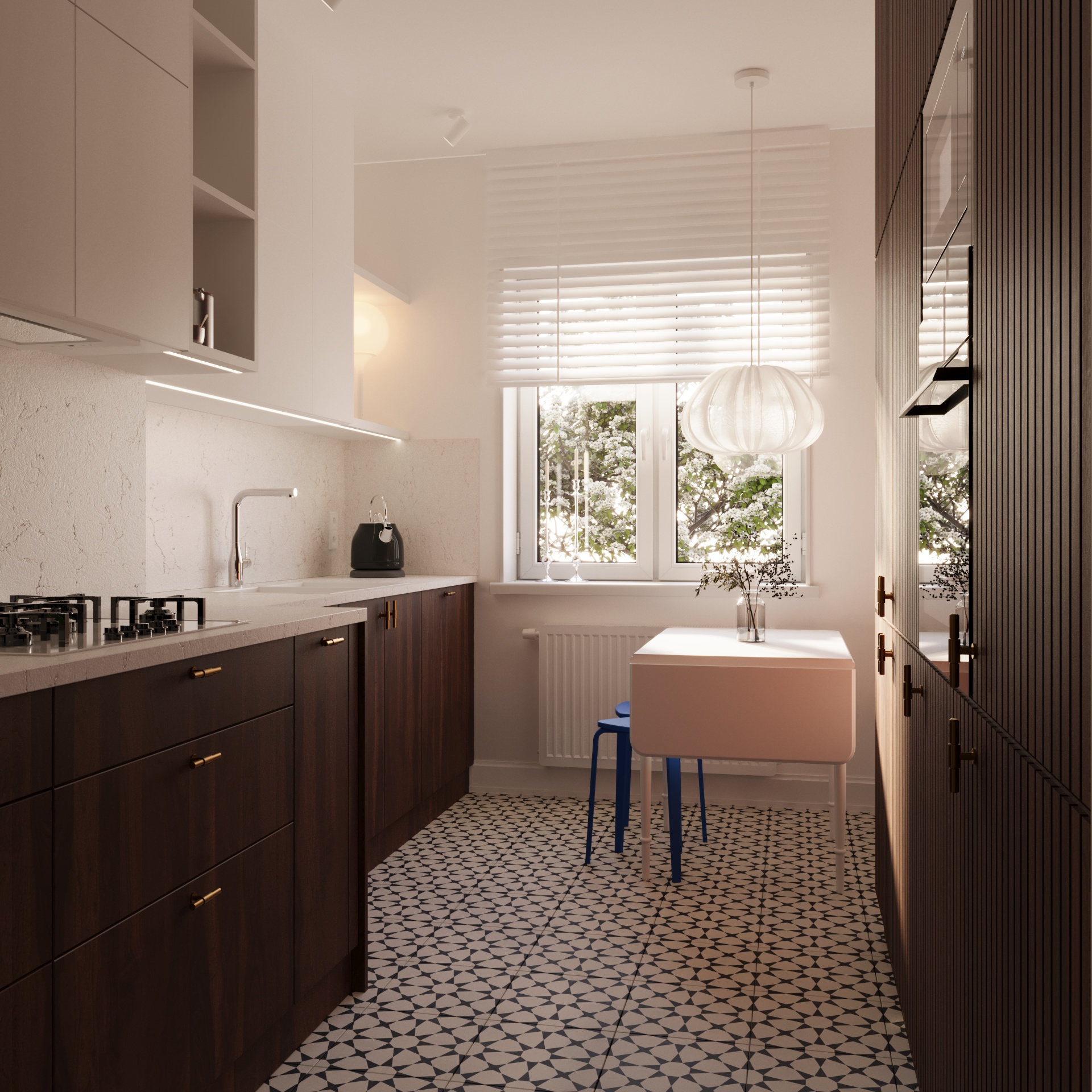 Projekt domu - jasny salon. Na wizualizacji znajduje się kanapa oraz stolik kawowy. Na podłodze leży puchaty, biały dywan. Pomieszczenie jest jasne, królują odcienie beżu i bieli. Nad sofą wiszą dwa ogromne linearne obrazy w czarnych ramkach. Za sofą wisi lustro, które dodaje pomieszczeniu głębi. Projekt wykonała Adrianna Stawska - architekt wnętrz.