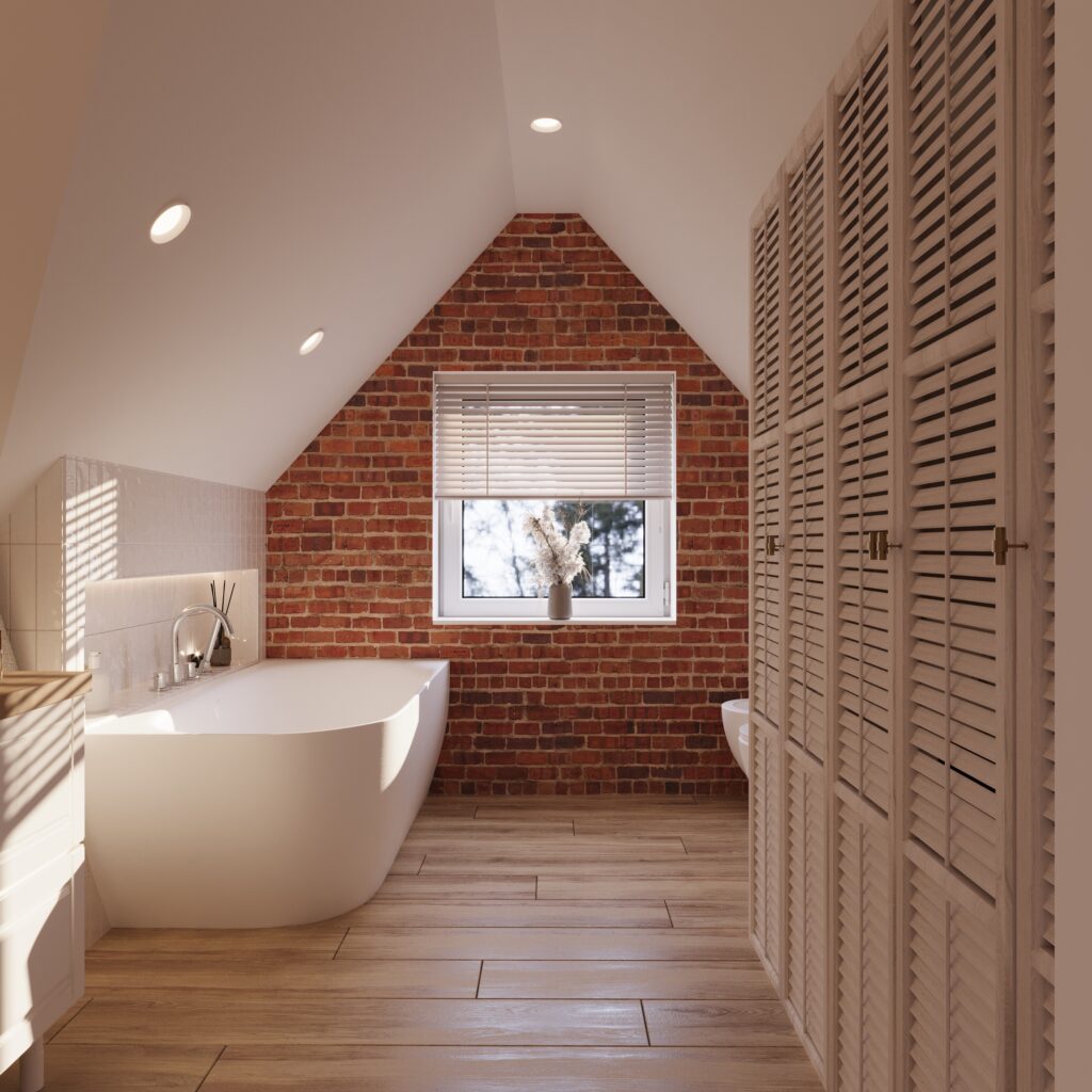 łazienka 1a Na zdjęciu jest wizualizacja łazienki. Po proawej stronie jest zabudowa z lamelami. Po lewej stronie wielka, biała wanna. Łazienka ma skosy i okno. Jedna ściana obok wanny jest cała w płytkach cegiełkach. Pomieszczenie jest jasne. Na podłodze są panele.