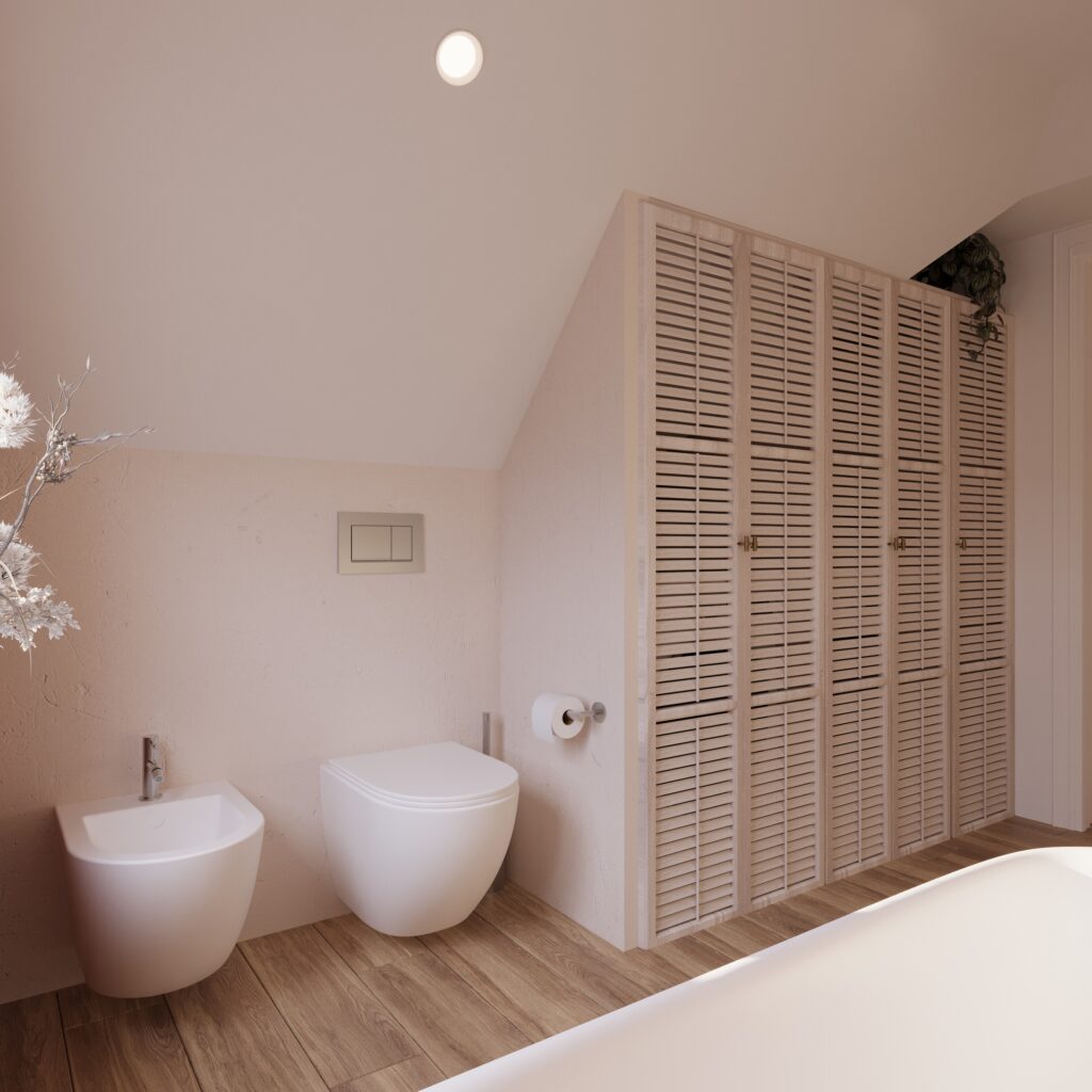 łazienka 1c Na zdjęciu jest wizualizacja łazienki. Po proawej stronie jest zabudowa z lamelami. Po lewej stronie miska ustępowa i bidet. Łazienka ma skosy i okno. Na pierwszym planie widoczny jest fragment wanny. Pomieszczenie jest jasne. Na podłodze są panele.