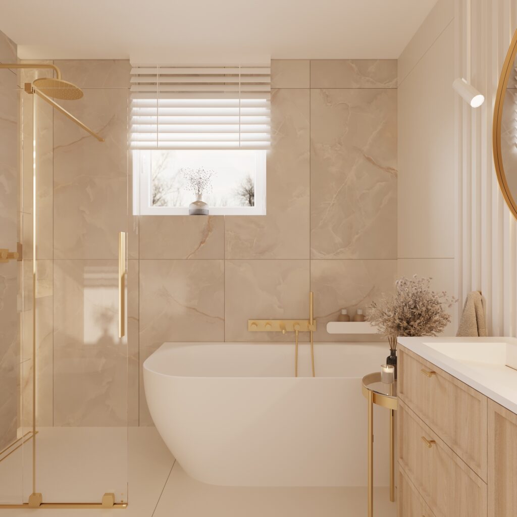 łazienka 2a (1) Na pierwszym planie jest szafka z umywalką, jest brązowa a umywalka biała. Nad nią wisi lustro. Dalej, na drugim planie jest wielka wanna, a nad nią znajduje się niewielkie okno. Po lewej stronie jest fragment prysznica. Wszędzie są złote dodatki, które dodają elegnacji całej aranżacji.