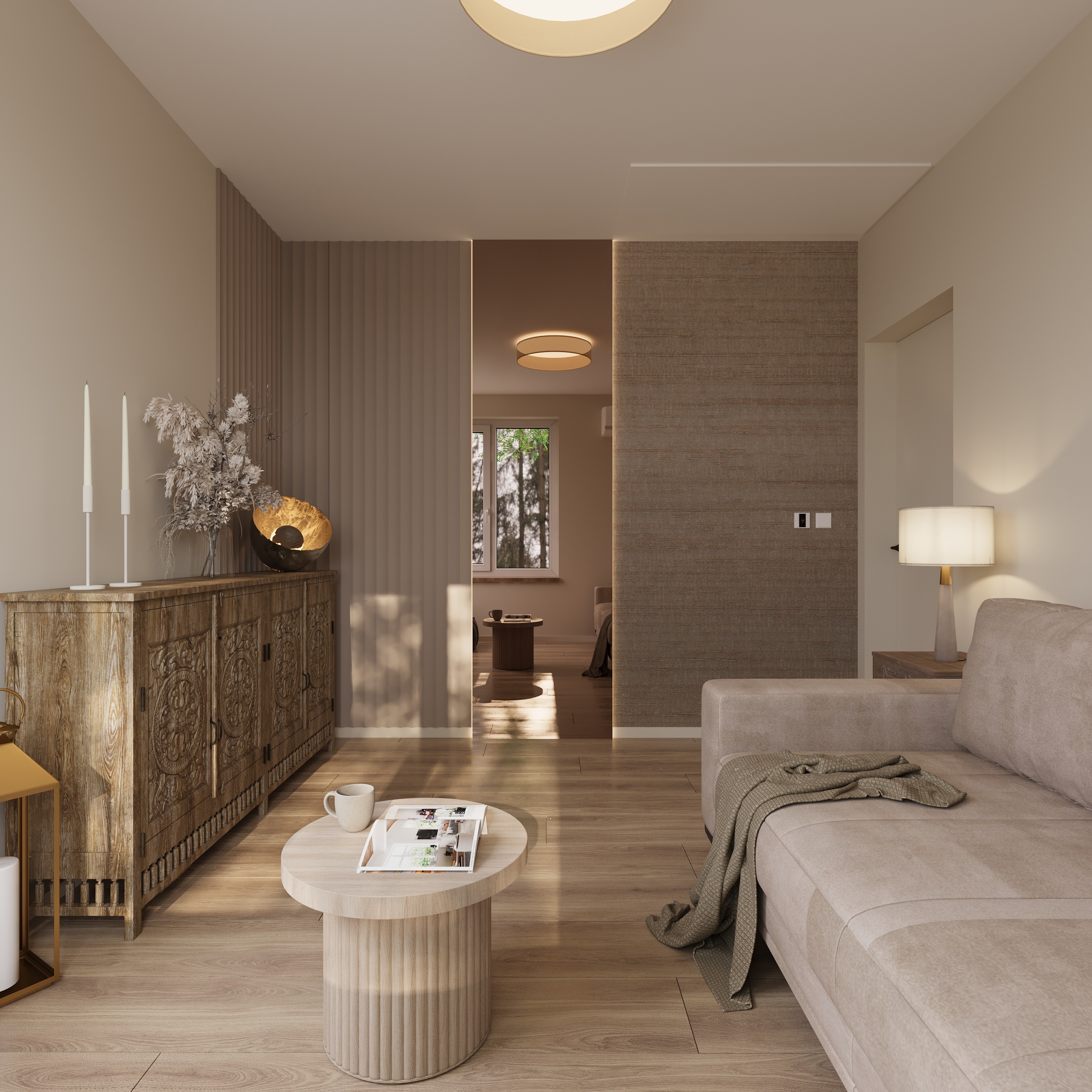 Na grafice znajdują się trzy wizualizacje: pokój gościnny, wiatrołap i sypialnia. Wszystkie są w odcieniach beży i brązów.