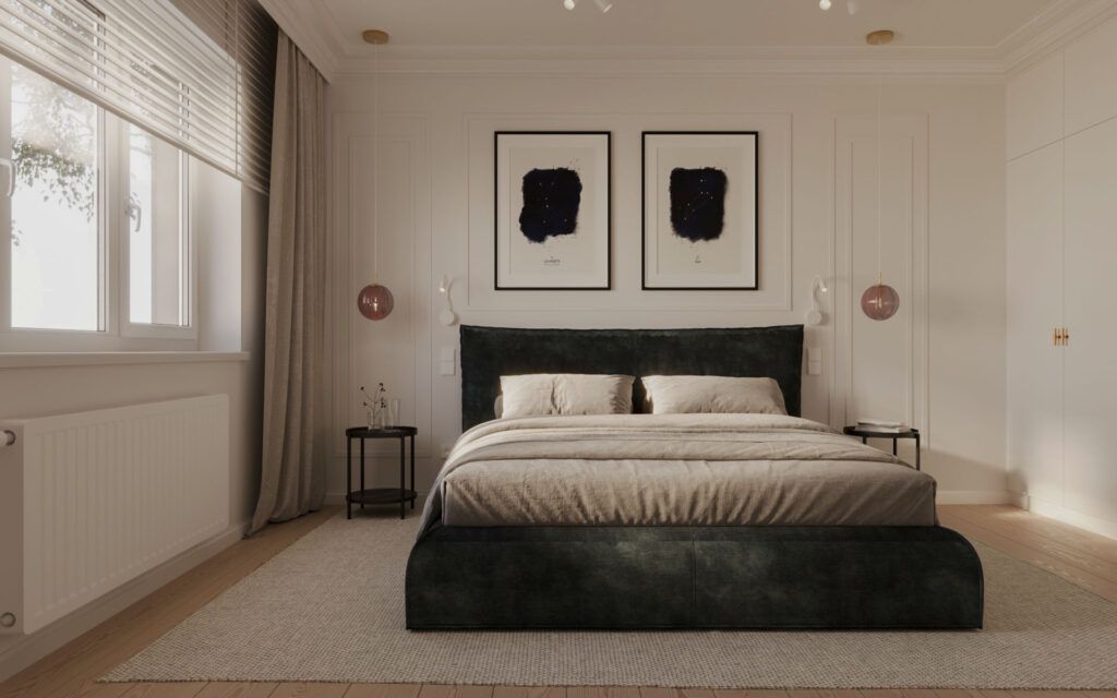 sypialnia 1a kopia Na wizualizacji jest sypialnia. Po lewej stronie jest duże okno z białymi roletami oraz kaloryferem. Naprzeciwko jest łóżko z ciemnym wezgłowiem. Po jego bokach są czarne stoliki nocne. Nad łóżkiem wiszą obrazy - abstrakcja. Na ścianach są ozdobne dekory. Pod łóżkiem jest ogromny bęzowy dywan. Pościel też jest beżowa, tak samo ściany.