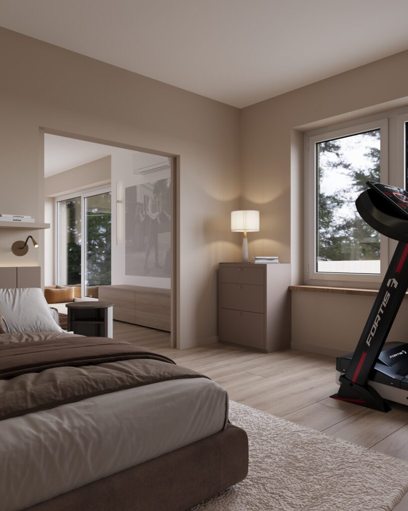 sypialnia 4a Na zdjęciu jest sypialnia. Na pierwszym planie, po lewej stronie zdjęcia, znajduje się fragment łóżka. Obok niego jest przejście do innego pokoju. W roku stoi szafka z lampą. Po prawej stronie zdjecia jest fragment bieżni. Dominują kolory: beż i brąz.